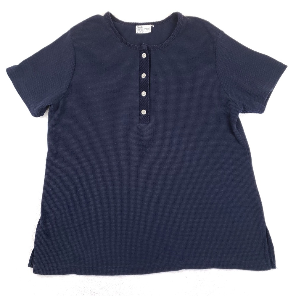 Vintage 1996 US Boys Navy Waffle Knit Henley Top Corduroy Trim 2X Floral Buttons